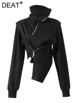 DEAT Fashion Women's Hoodies Turtleneck Irregular Diagonal Zipper Decorate Short Designer Sweatshirt Autumn 2025 New Tide WT051
