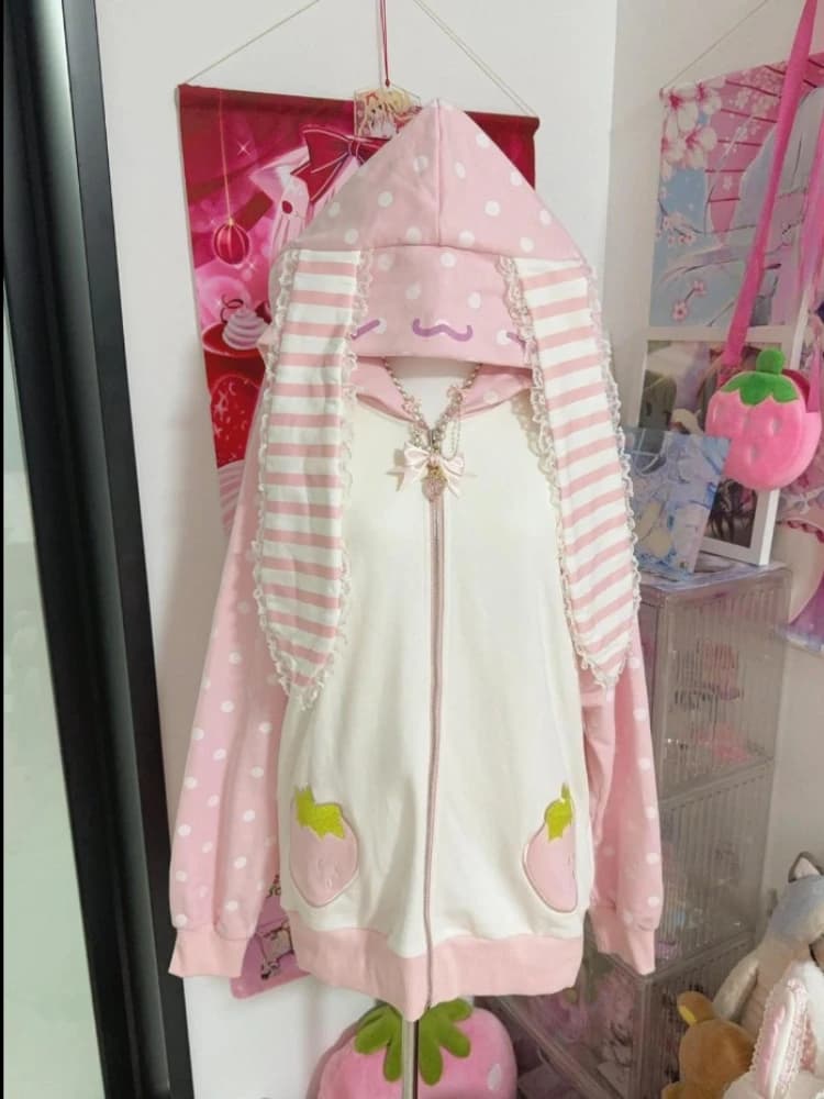 Dot Print Patchwork Women Grunge Hoody Top Rabbit Ears Japanese Kawaii Loose Hoodies Y2k Aesthetic Fairy Strawberry Sweatshirt