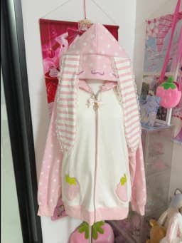Dot Print Patchwork Women Grunge Hoody Top Rabbit Ears Japanese Kawaii Loose Hoodies Y2k Aesthetic Fairy Strawberry Sweatshirt