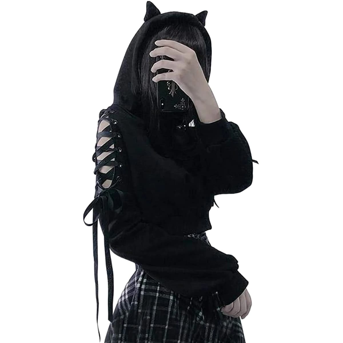 Combhasaki Women's Y2K 3D Cat Ear Hooded Pullover Tops Gothic Ribbon Lace-up Hollow Out Shoulder Long Sleeve Cropped Sweatshirts