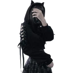 Combhasaki Women's Y2K 3D Cat Ear Hooded Pullover Tops Gothic Ribbon Lace-up Hollow Out Shoulder Long Sleeve Cropped Sweatshirts