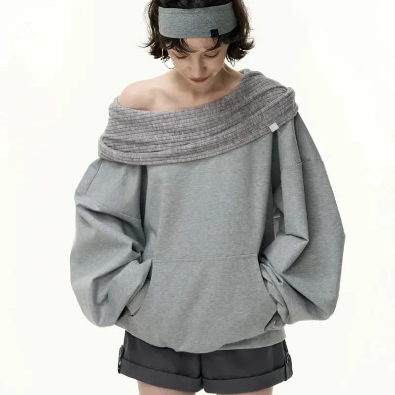 Lazy Wind Casual Sweatshirts Women Off Shoulder Loose Long Sleeve Pullovers Pure Cotton Patchwork Spring Autumn Baggy Solid Tops