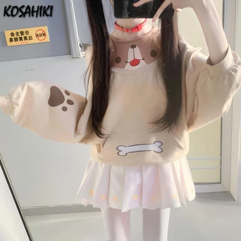 Japanese Kawaii Off-the-shoulder Grunge Hoodie Cartoon Print Pocket Hoody Y2K Aesthetic Womens Harajuku Loose Casual Sweatshirt