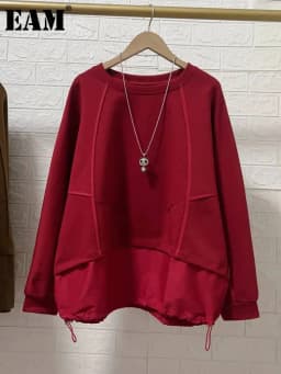 EAM Red Spliced Drawstring Hem Sweatshirt New Round Neck Long Sleeve Women Big Size Fashion Tide Spring Autumn 2026 30A5350