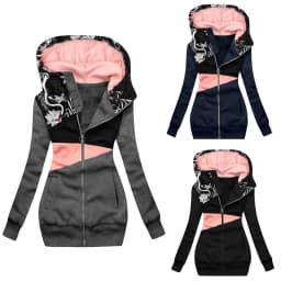 Women's Fashoin Jackets Casual Patchwork Print Floral Outerwear Streetwear Zipper Hooded Coats Pocket Cardigan Thicken Coat 5XL