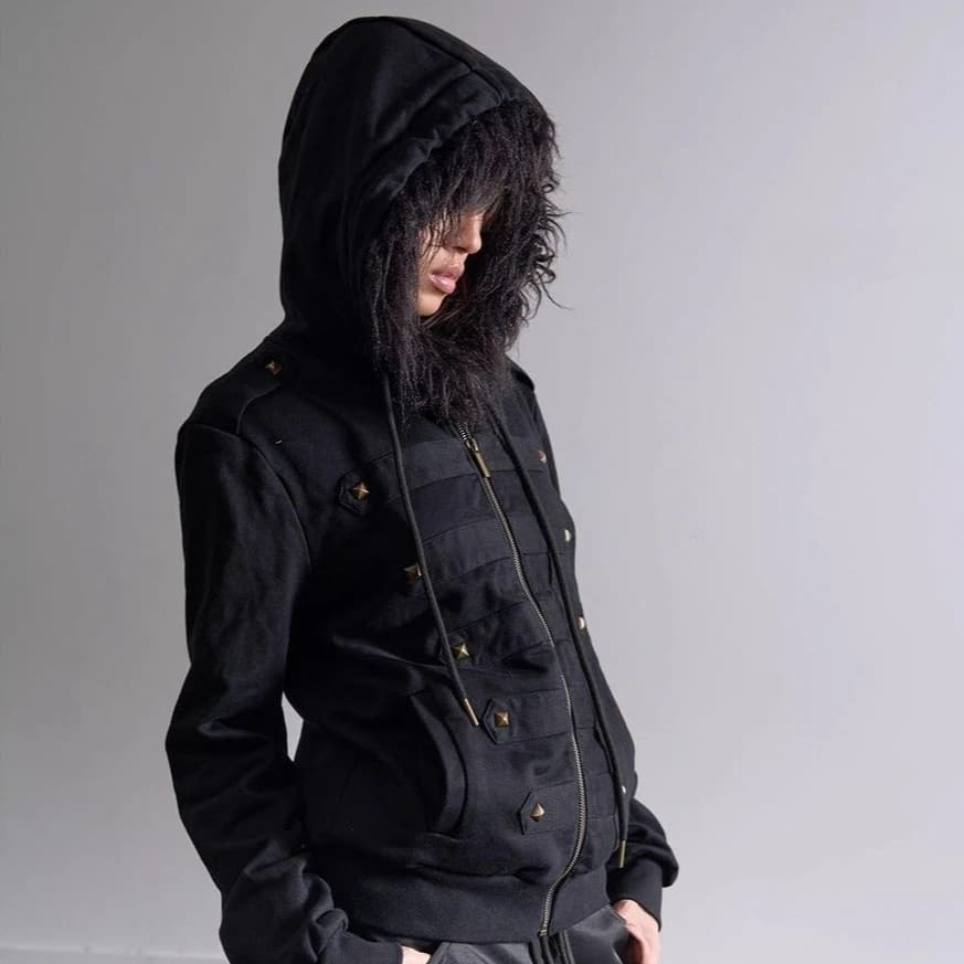 Y2K Vintage Fur Collar Black Zip Up Hoodie Men Women Harajuku Punk Studded Slim Fit Jacket Gothic Autumn Winter Sweatshirt Coat
