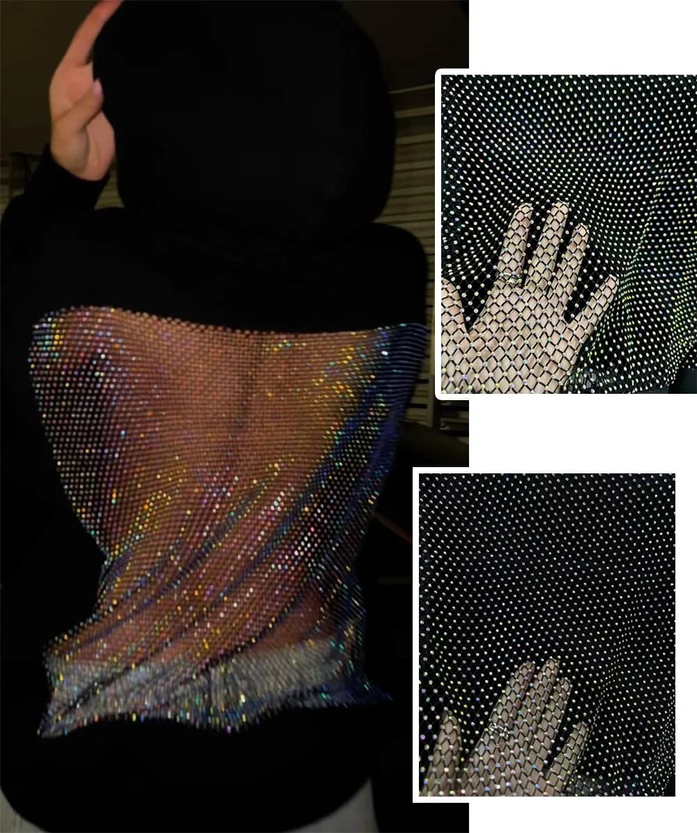 American Sexy Mesh Rhinestone Shiny Backless Hoodie Y2K Clothes Womens Fashion Hot Sweetheart Oversized Pullover Casual Jacket