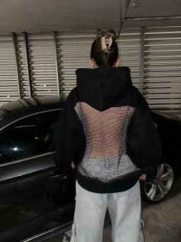 American Sexy Mesh Rhinestone Shiny Backless Hoodie Y2K Clothes Womens Fashion Hot Sweetheart Oversized Pullover Casual Jacket