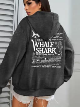 Creative Whale Shark With Letters Print Woman'S Streetwear Soft Trendy Hoodies Solid Color Warm Clothes Loose Hip Hop Hoody