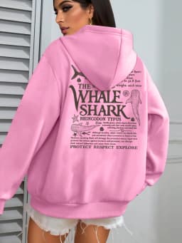 Creative Whale Shark With Letters Print Woman'S Streetwear Soft Trendy Hoodies Solid Color Warm Clothes Loose Hip Hop Hoody