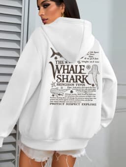 Creative Whale Shark With Letters Print Woman'S Streetwear Soft Trendy Hoodies Solid Color Warm Clothes Loose Hip Hop Hoody