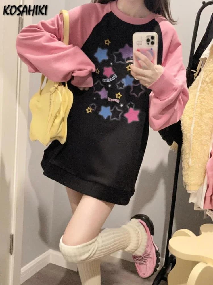 Y2k Aesthetics O Neck Hoodies Harajuku Contrast Color Star Letter Pullover Patchwork Sweatshirt Oversized Mall Goth Streetwear