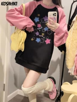 Y2k Aesthetics O Neck Hoodies Harajuku Contrast Color Star Letter Pullover Patchwork Sweatshirt Oversized Mall Goth Streetwear