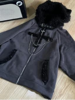 Japanese Kawaii Y2k Aesthetic Women Chain Gothic Cat Ears Hoodies Coat Patchwork Grunge Hoody Harajuku Vintage Zip Sweatshirts