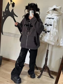 Japanese Kawaii Y2k Aesthetic Women Chain Gothic Cat Ears Hoodies Coat Patchwork Grunge Hoody Harajuku Vintage Zip Sweatshirts