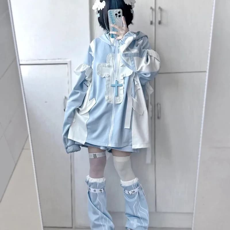 Y2k Mid-length Loose Long Sleeve Coat Women Japanese Patchwork Ruffles Sweet Sweatshirts 2026 New All-match Tops Mujer