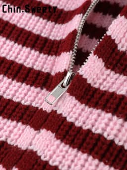 Fashion Contrasting Striped Zipper Knitted Cardigans Women Loose Stand Collar Long Sleeved Coat 2026 Autumn Winter Lady Outwear