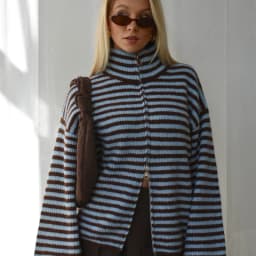 Fashion Contrasting Striped Zipper Knitted Cardigans Women Loose Stand Collar Long Sleeved Coat 2026 Autumn Winter Lady Outwear