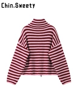Fashion Contrasting Striped Zipper Knitted Cardigans Women Loose Stand Collar Long Sleeved Coat 2026 Autumn Winter Lady Outwear