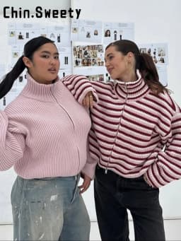 Fashion Contrasting Striped Zipper Knitted Cardigans Women Loose Stand Collar Long Sleeved Coat 2026 Autumn Winter Lady Outwear