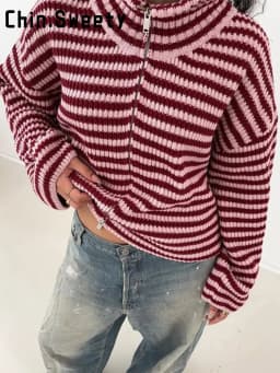 Fashion Contrasting Striped Zipper Knitted Cardigans Women Loose Stand Collar Long Sleeved Coat 2026 Autumn Winter Lady Outwear