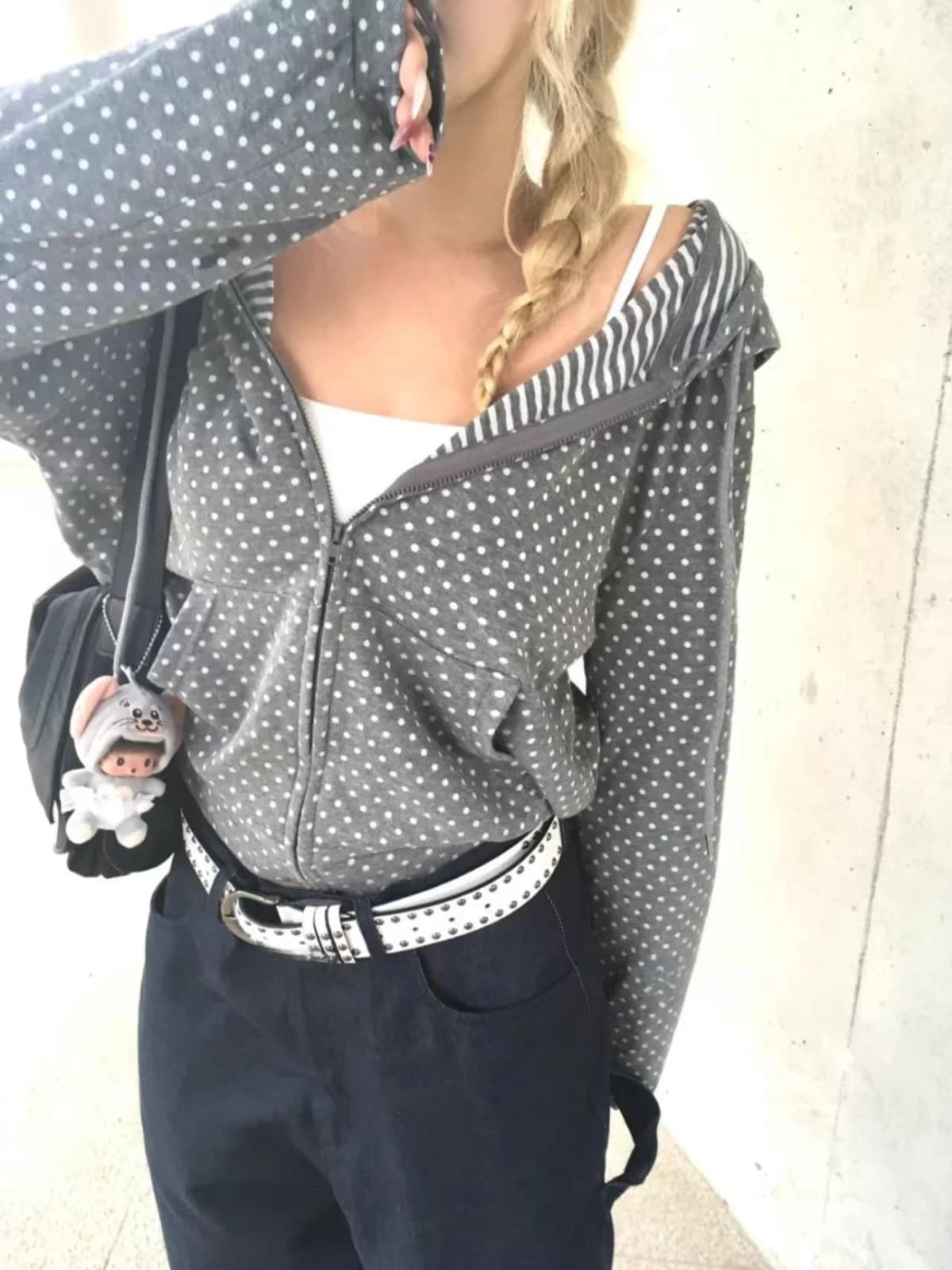 Slimming SEI Japanese Early Style Polka Dot Stripe Casual Versatile Women's Hoodie Jacket Coat Straight Cut Commute Style Lon...