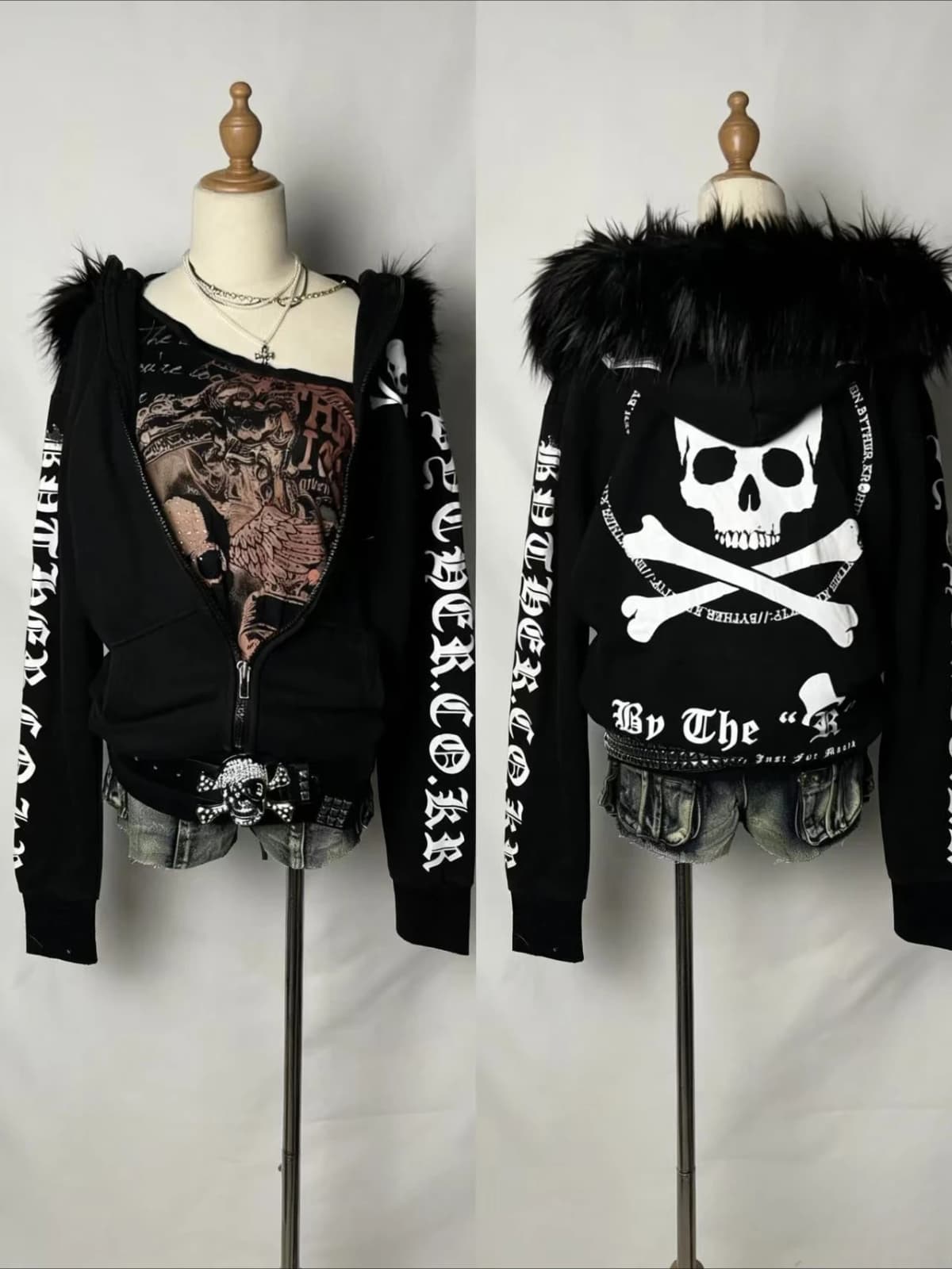 New Retro Oversized Printed Fur Collar Jacket Gothic Streetwear Skull Hoodie Y2K Women Hip Hop Harajuku Winter Hooded Sweatshirt