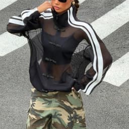 Summer Women's Y2K Streetwear Vintage Chinese Style Sheer Mesh Stand Collar Long Sleeve Loose Side Stripe Frog Button Jacket