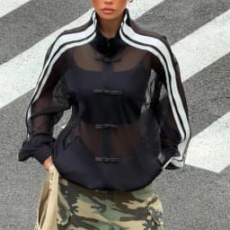Summer Women's Y2K Streetwear Vintage Chinese Style Sheer Mesh Stand Collar Long Sleeve Loose Side Stripe Frog Button Jacket
