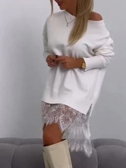 Women Top 2025 New Autumn Clothing Fashion Lace Slit Mid-length Sweatshirt Casual Loose Pullover Sweatshirt For Women Streetwear