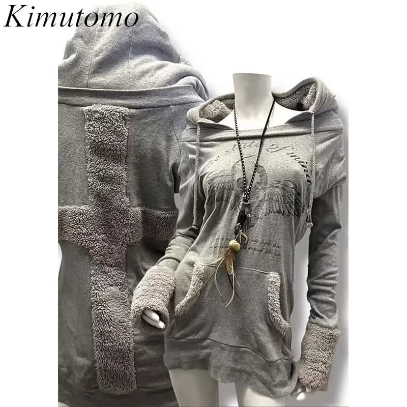 Kimutomo Hoodies Women Vintage Skulls Printed Autumn Winter Fashion Y2k Aesthetic Harajuku Pockets Sweatshirts Ladies Casual