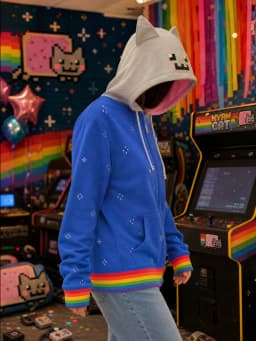 Nyan Cat Blue Embroidered Zip Up Hoodie Pixel Face Ears Hood Rainbow Stripes Star Dots Casual Jacket Unisex Fashion