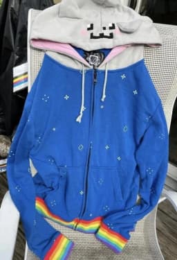 Nyan Cat Blue Embroidered Zip Up Hoodie Pixel Face Ears Hood Rainbow Stripes Star Dots Casual Jacket Unisex Fashion