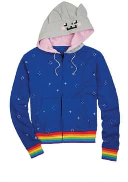 Nyan Cat Blue Embroidered Zip Up Hoodie Pixel Face Ears Hood Rainbow Stripes Star Dots Casual Jacket Unisex Fashion