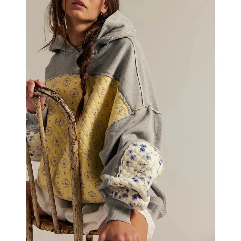 Combhasaki Women Oversized Trend Y2k Hooded Pullover Long Sleeve Floral Print Quilted Patchwork Sweatshirts Streetwear Loose Top