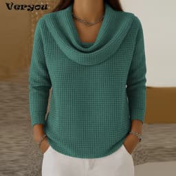 Fashion Pile Collar Long Sleeve Sweatshirt Women Casual Loose Blouse Women Autumn Winter Waffle Pullover Tops