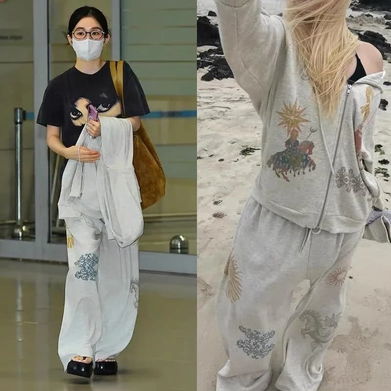 Casual Printed Hoodie Jacket Sweatpants Set Women's Loose Fit Spring Collection Hooded Other Material 100% Ladies Streetwear