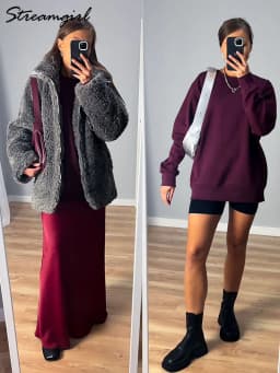 Streamgirl Women Fleece Sweatshirts Autumn Winter Loose O Neck Brown Velvet Pullovers Red Warm Fleece Sweatshirts Women Couple