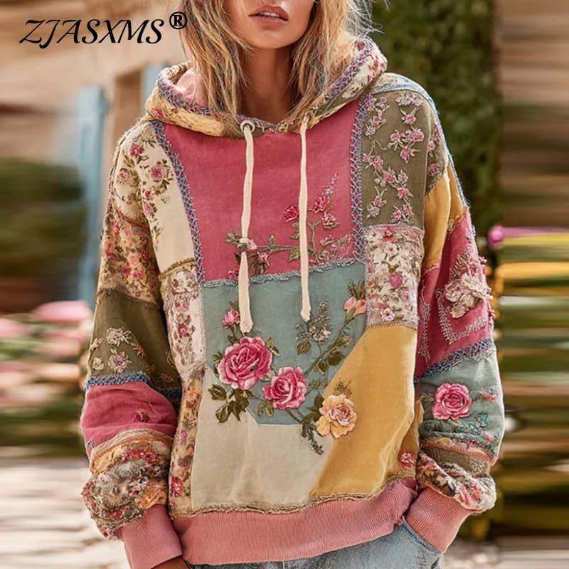 Ethnic Retro Floral Print Patchwork Hoodies Autumn Long Sleeve Drawstring Hooded Top Pullover New Winter Loose Woman Sweatshirts