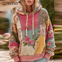 Ethnic Retro Floral Print Patchwork Hoodies Autumn Long Sleeve Drawstring Hooded Top Pullover New Winter Loose Woman Sweatshirts