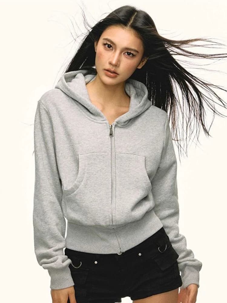 Zoki Vintage Y2K Gray Hoodies Women Streetwear Casual Long Sleeve Sweatshirts Spring Retro American Pockets Female Tops Outwear