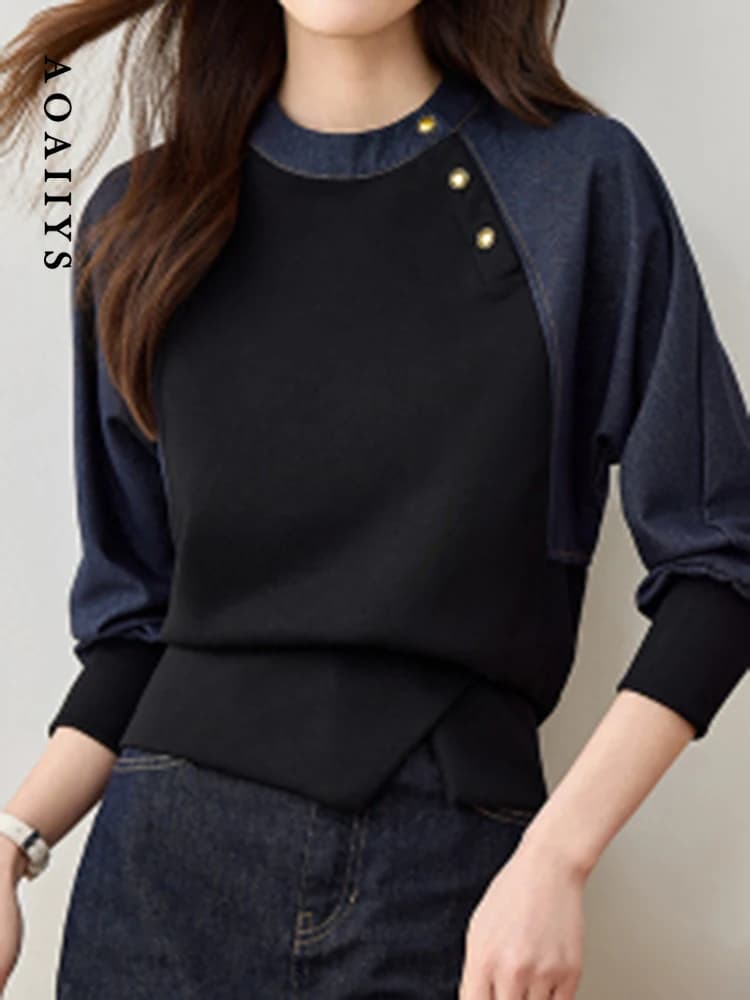 Aoaiiys Hoodies Women O Neck Button Decor Sweatshirt Contrast Color Spliced Pullovers Spring Autumn Vintage Casual Sweatshirts
