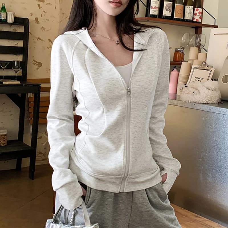 Casual Solid Zipped Hooded Sweatshirts Women Korean Style Slim Fit Sports Hoodie with Pocket Woman Spring Long Sleeve Outerwear