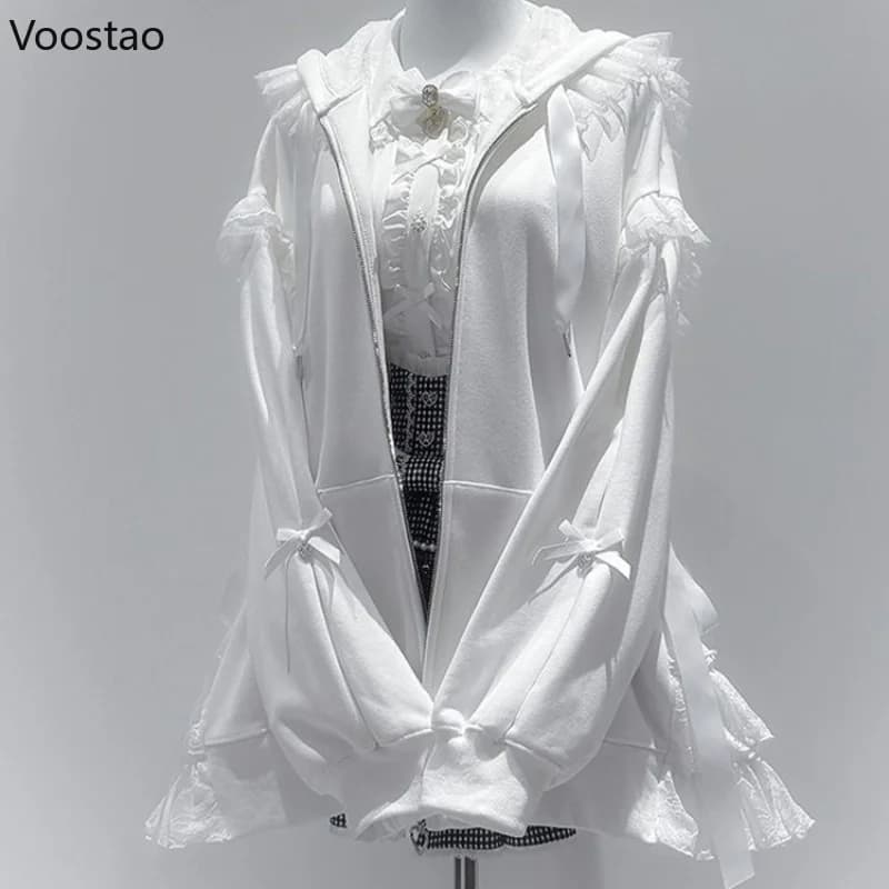 Autumn Women Sweet Lolita Zipper Hoodies Japanese Harajuku Lace Bow Long Sleeve Hooded Coat Spring Casual Chic Loose Sweatshirts