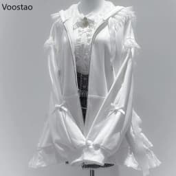 Autumn Women Sweet Lolita Zipper Hoodies Japanese Harajuku Lace Bow Long Sleeve Hooded Coat Spring Casual Chic Loose Sweatshirts