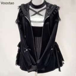Autumn Women Sweet Lolita Zipper Hoodies Japanese Harajuku Lace Bow Long Sleeve Hooded Coat Spring Casual Chic Loose Sweatshirts