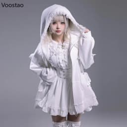 Autumn Women Sweet Lolita Zipper Hoodies Japanese Harajuku Lace Bow Long Sleeve Hooded Coat Spring Casual Chic Loose Sweatshirts