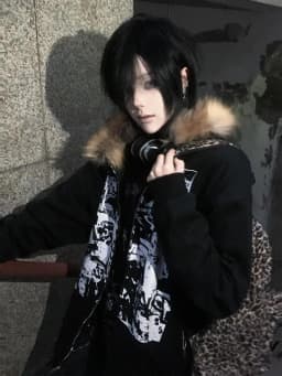 Streetwear Vintage Harajuku Gothic Print Hooded Sweatshirt Coat Aesthetic Slim Jacket Y2k Fur Patchwork Grunge Hoodies Women
