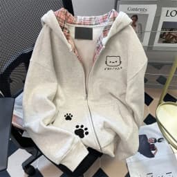 Japanese Cartoon Print Hooded Open Cardigan Sweatshirt Women's Autumn Winter Fleece Loose Casual Zipper Long Sleeve Top