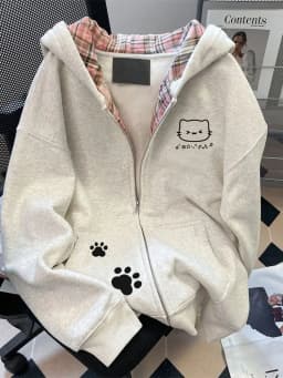 Japanese Cartoon Print Hooded Open Cardigan Sweatshirt Women's Autumn Winter Fleece Loose Casual Zipper Long Sleeve Top